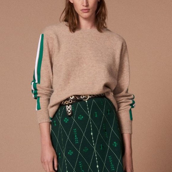 NWT Sandro Women's Green Embroidered Knit Skirt
